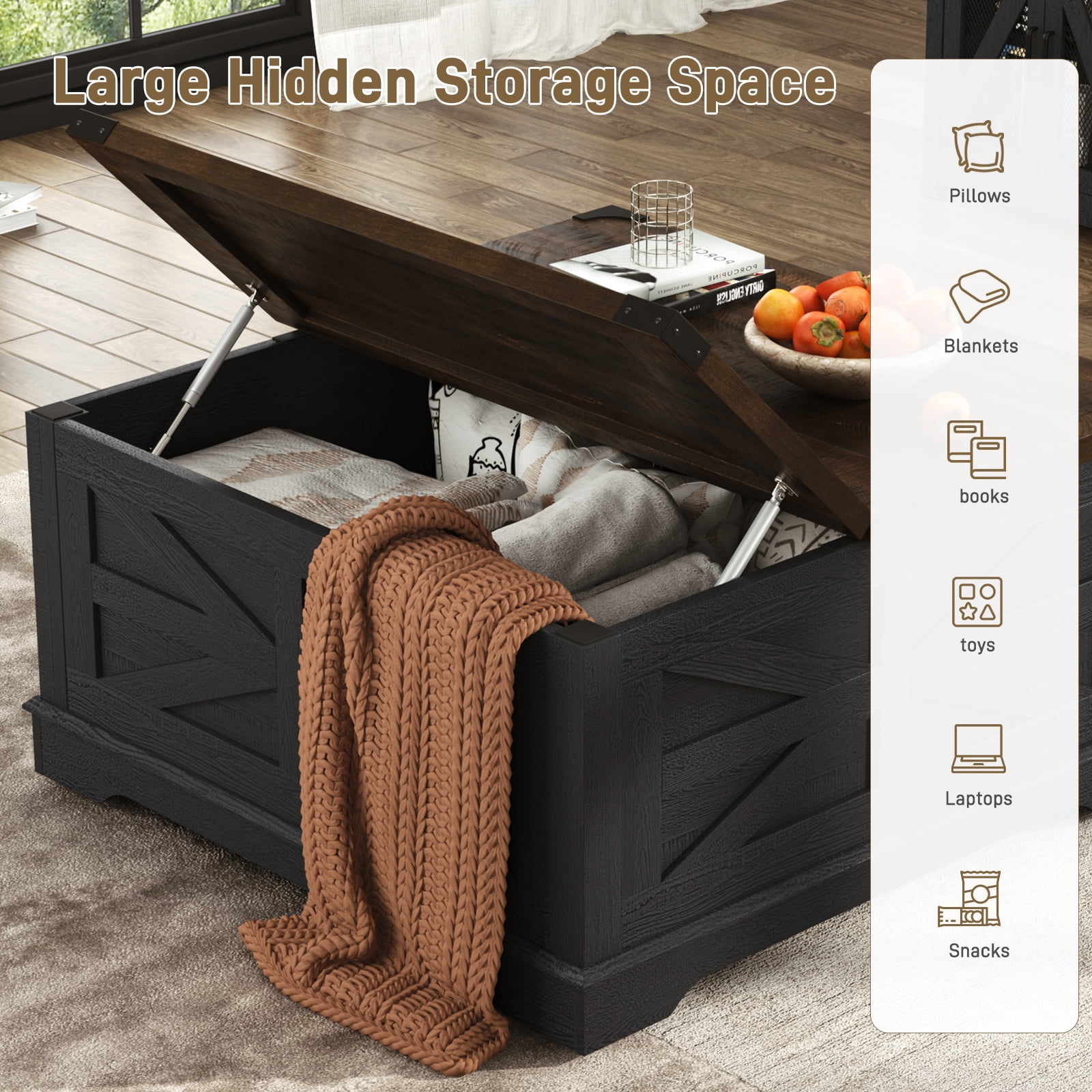 ANPOO 36" Movable Lift Top Coffee Table with Storage & Power Outlets, Farmhouse Square Coffee Table w/Wheels & Large Hidden Space, Wooden Center Table for Living Room(Black/36")