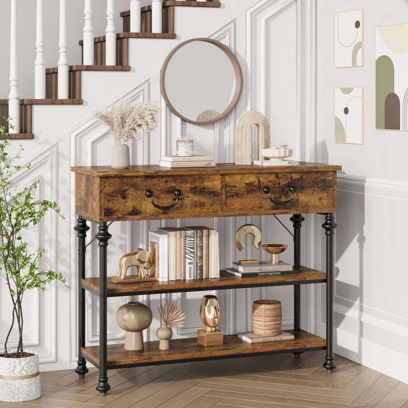 TROPOW Slim Industrial Console Table with 2 Drawers & 2 Shelves – 39.4” Space-Saving Entryway & Behind Couch Table, Vintage Brown Farmhouse Design for Hallway, Living Room & Small Spaces
