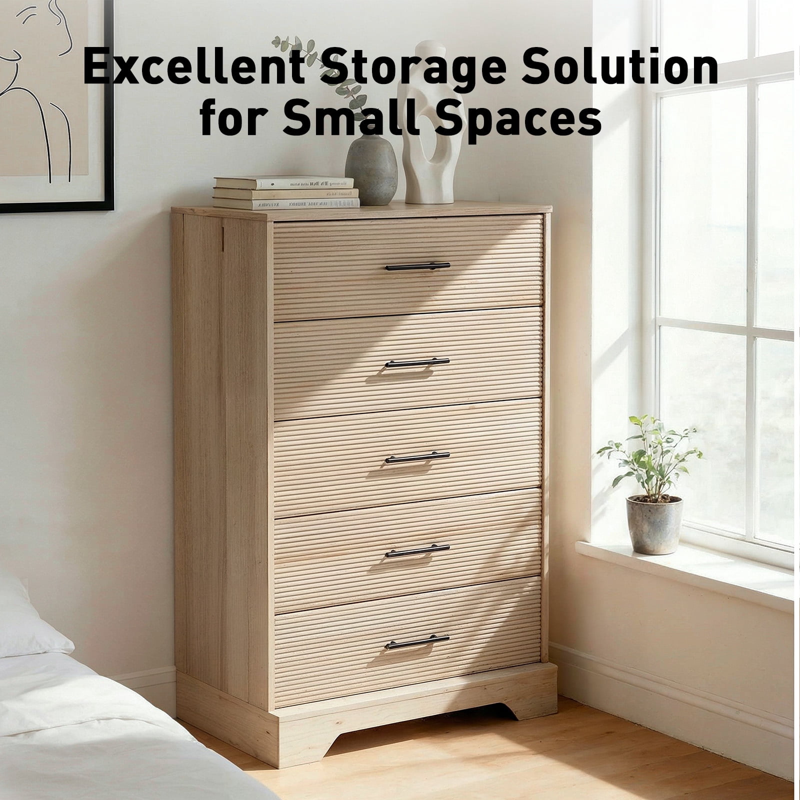 CHITOOMA 5 Drawer Dresser Wooden, Fluted Tall Dresser for Bedroom, Chest of Drawers for Living Room Hallway, Natural