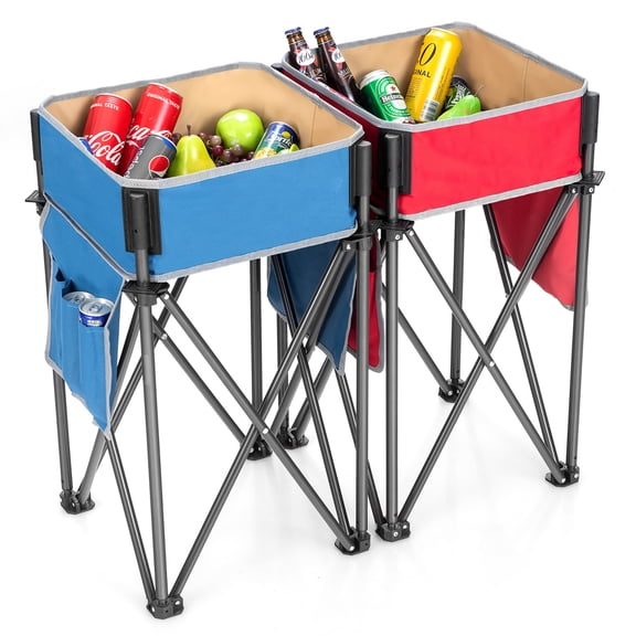 Costway 2 PCS Folding Camping Tables w/ Large Capacity Storage Sink for Picnic Blue/Red