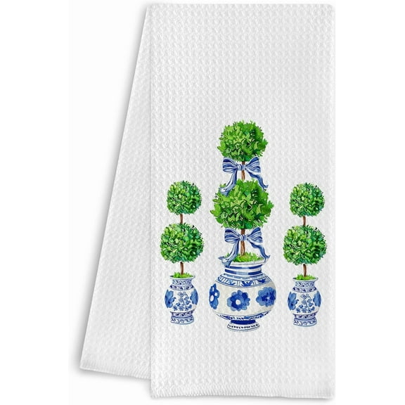 Blue and White Porcelain Chinoiserie Towels, Green Topiary Tree Dish Towels for Kitchen, Hand Towels for Bathroom, 16x24 Inches