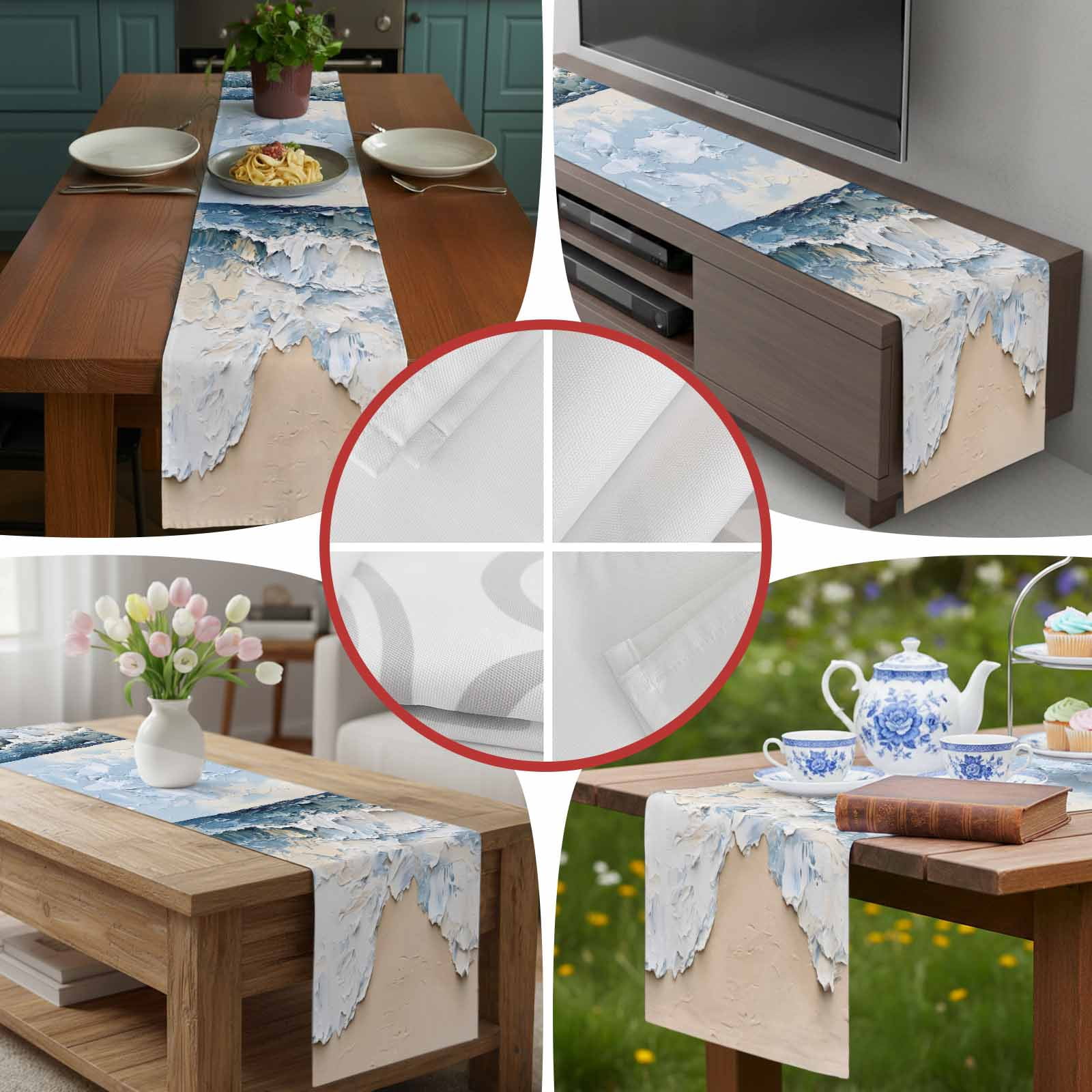 Blue White Coastal Beach Waves Table Runner 90 Inches Long, Abstract Art Table Runners Tabletop Scarf Kitchen Dining Tables Decoration for Home Party Indoor Outdoor