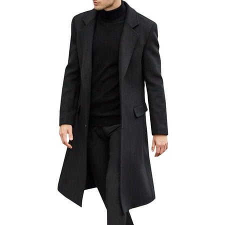 Men Winter Tops Lapel Trench Coat Warm Outerwear Casual Jacket Mid Long Overcoat