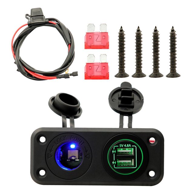 Almencla Car Motorcycle 12V-24V Socket Panel for Boat / Marine / Mobile Phones, Green LED
