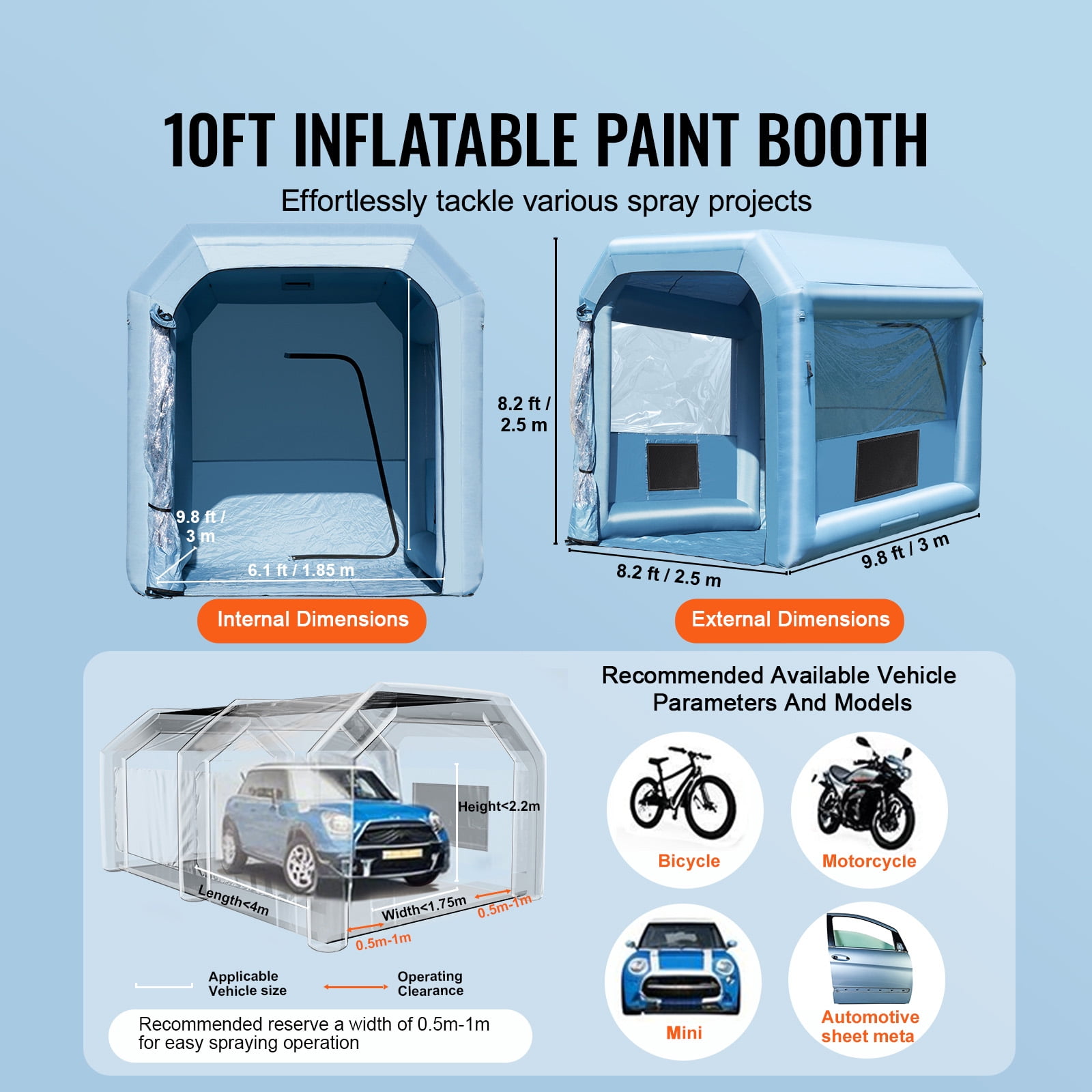 KFFKFF Inflatable Paint Booth, 9.8 x 8.2 x 8.2 ft, Includes 550W Blower & Filtration System, Ideal for Motorcycles, Bikes, & Small Furniture