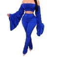 thumbnail image 2 of Tejiojio Fall Clearance Two-Piece Solid Women Off Shoulder Fold Shirring Short Top + Long Pants Set Suit, 2 of 5