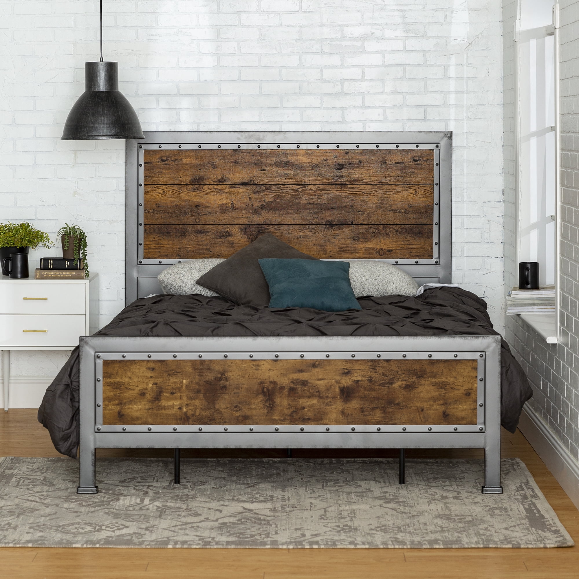 Walker Edison 55” Rustic Mixed Material Hacienda Queen Size Bed, Brown and Gunmetal