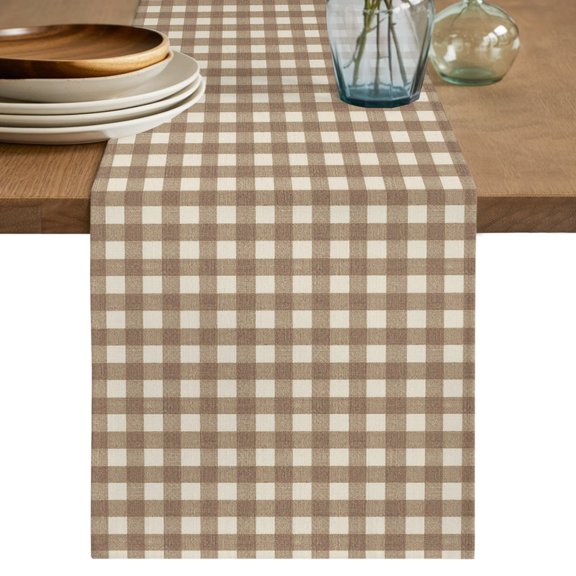 Brown Buffalo Plaid Table Runner, Minimalist Gingham Check Retro Linen Texture Cotton Linen Table Cloth, Tablerunner for Kitchen Dining Party Wedding Home Decor 18x72 Inch