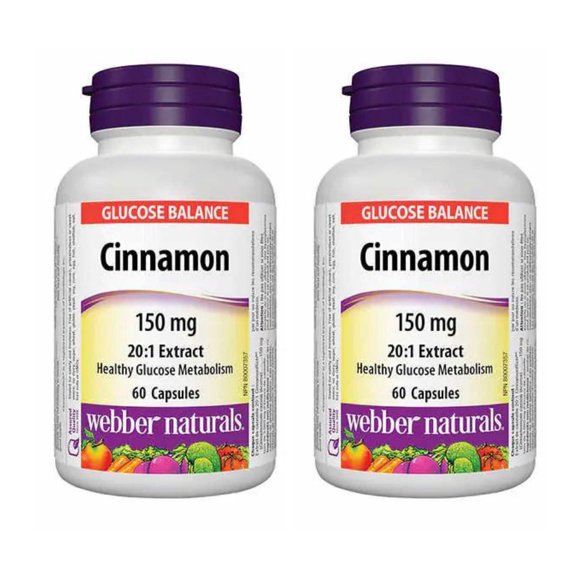 Webber Naturals Cannelle 20:1 Extrait 150 mg - 2 x 60 Capsules / Soutien de la Glycémie