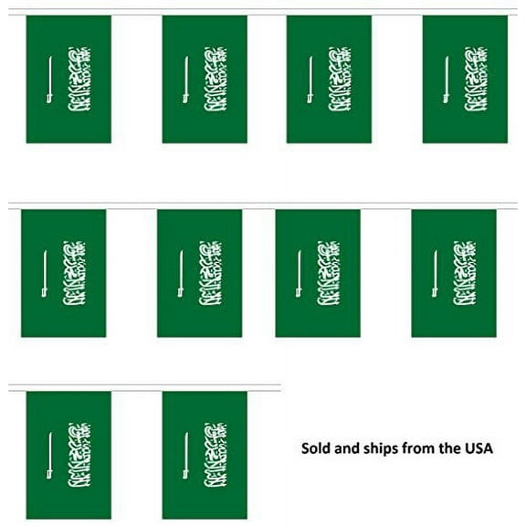 30' Saudi Arabia String Flag Party Bunting Has 30 Arabian 6"x9" Polyester Banner Flags Attached, Popular For School Classroom, Special Events, Bars, Restaurants, Country Theme Parties