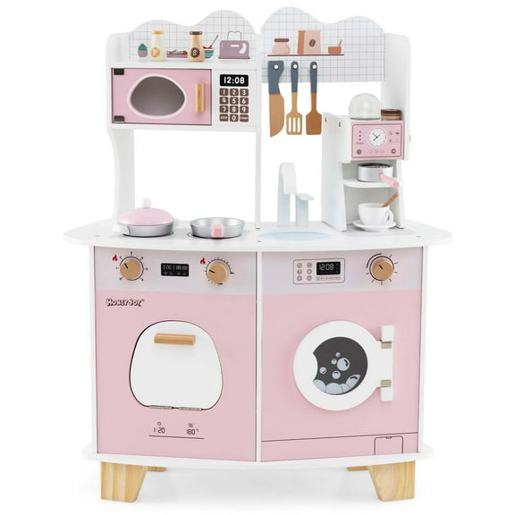 Costway Wooden Kids Kitchen Playset Pretend Play Kitchen with Coffee Maker & Microwave