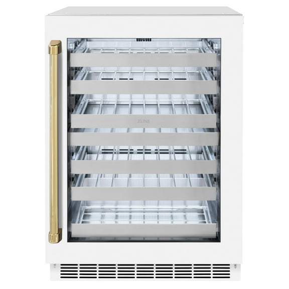 ZLINE Autograph Edition 24 in. Touchstone Dual Zone 44 Bottles Wine Cooler With White Matte Glass Door And Polished Gold Handle (RWDOZ-WM-24-G)