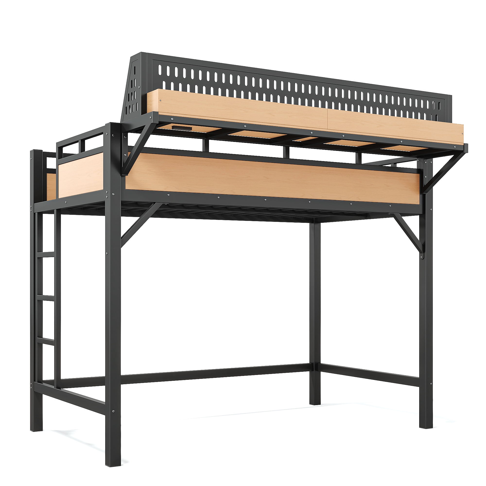 Leumius Twin XL Size Loft Bed with Storage Shelves and Pegboard,Metal Loft Bed Frame with USB Ports and LED Lights,Natural