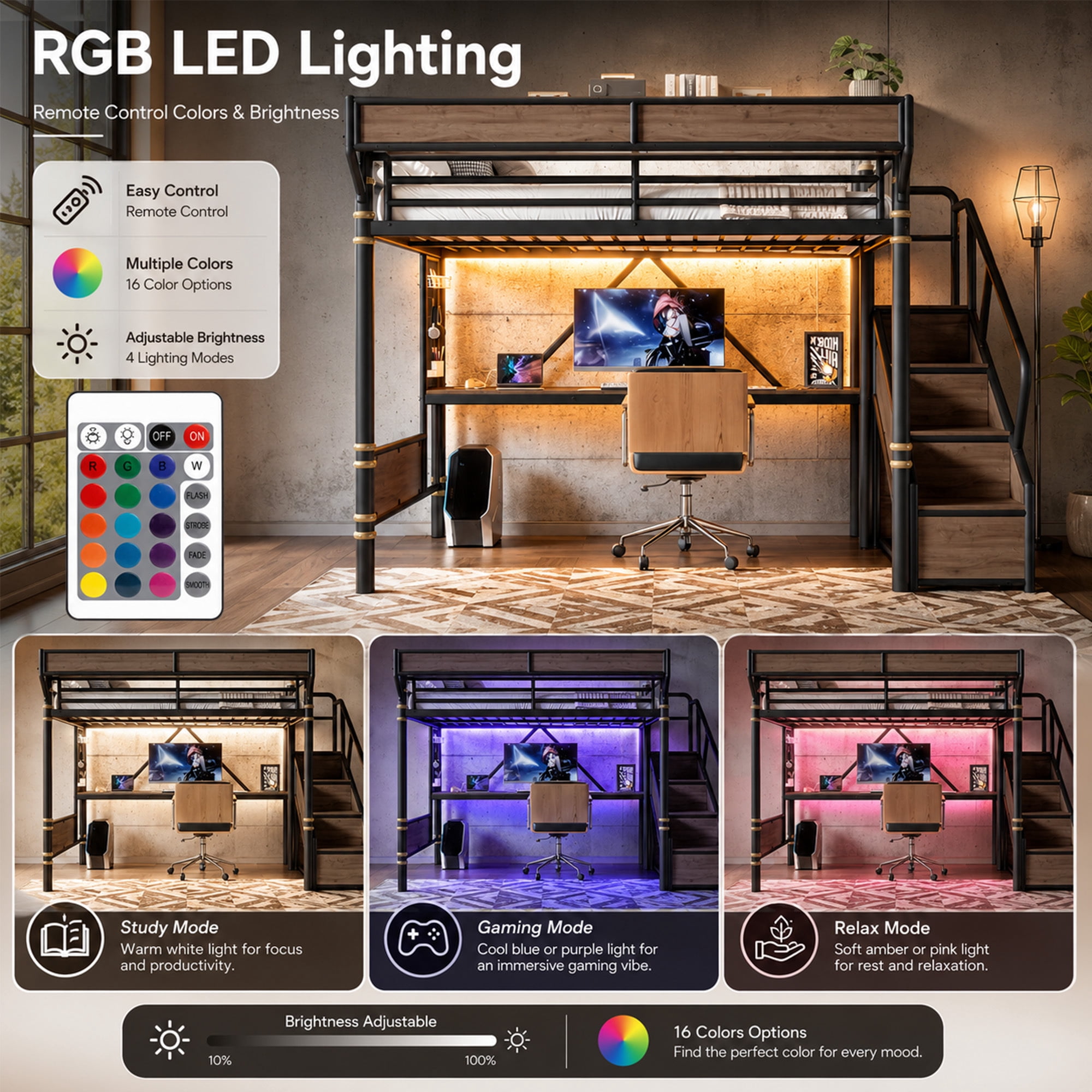 Leumius Twin Size Metal Loft Bed with Built-in Desk & Power Outlet, LED Strip, Industrial Metal Loft Bed Frame with Pegboard & Mesh Storage Baskets, Storage Stairs with Wardrobe, Black