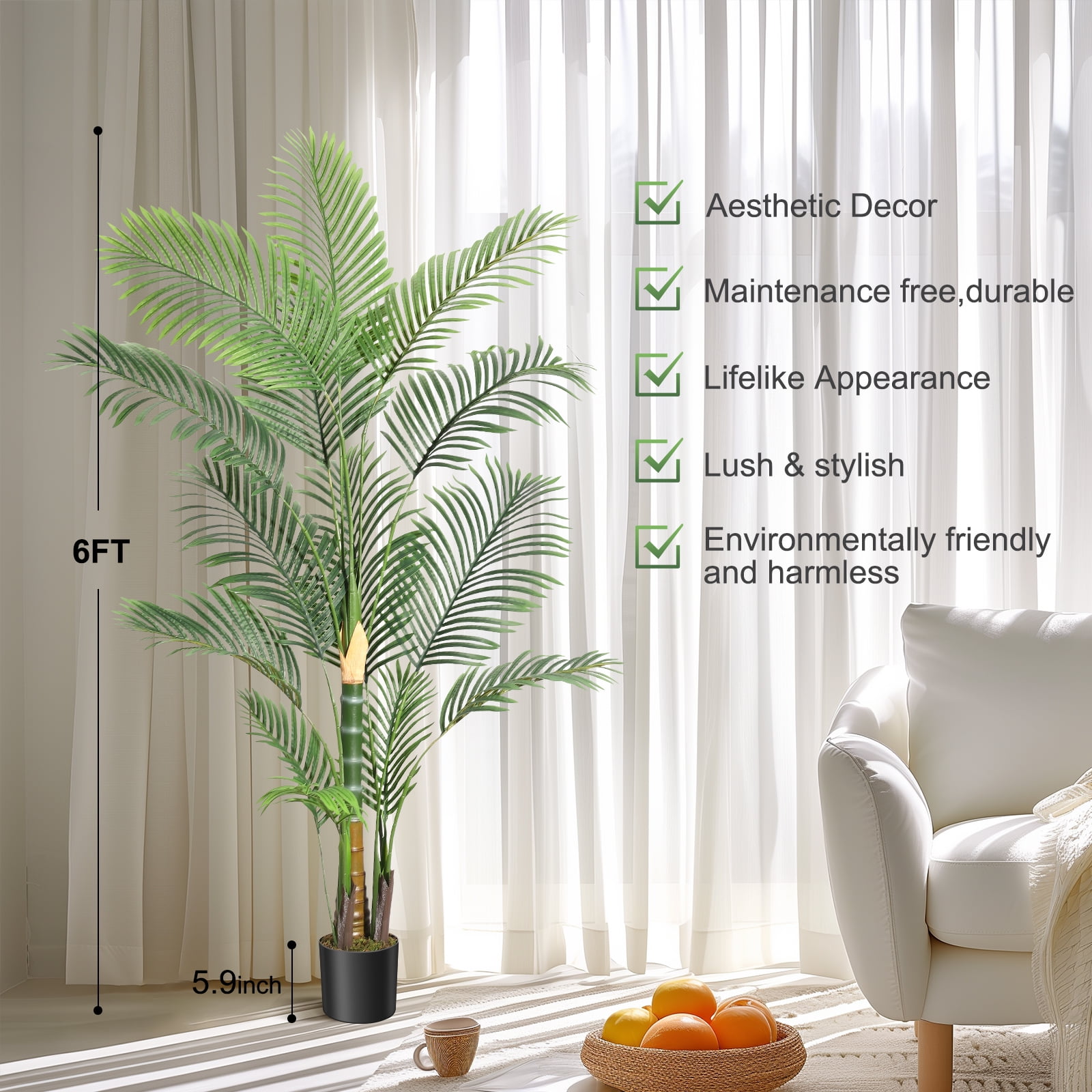6FT Fake Tropical Palm Plant, Artificial Golden Cane Palm Tree, Pre Potted Faux Greenry Plant for Indoor Outdoor Big House Living Room Outside Patio Office Home Decor