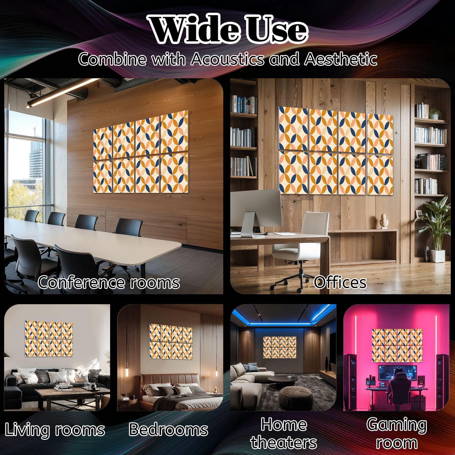 8 Pack Art Acoustic Panels Geometric Abstract Orange Navy Beige Shapes Self Adhesive Absorbing Dampening Panels Self Adhesive for Nursery Game Room Bedroom 48"x32"
