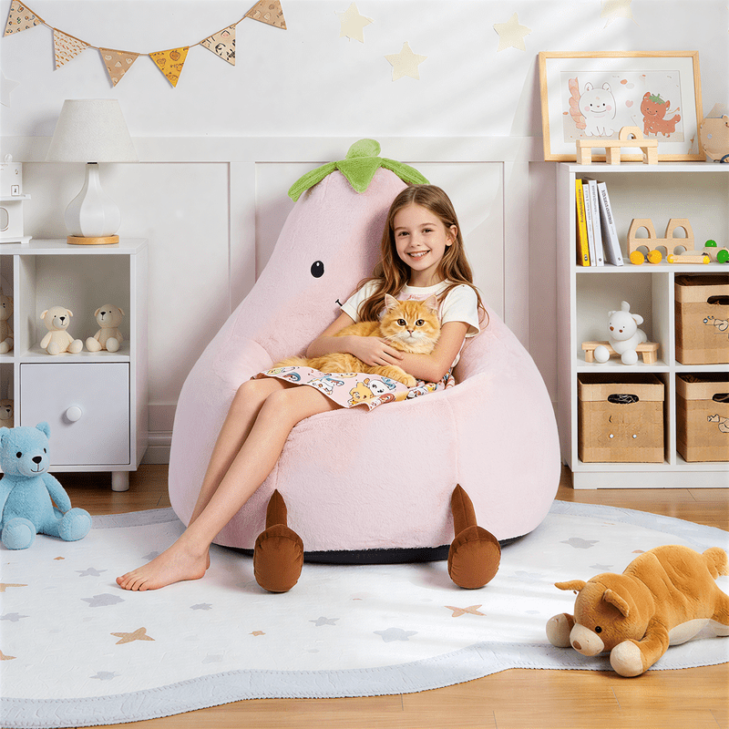 Simple Deluxe 2.5 ft Kids Bean Bag Chair, Faux Rabbit Fur Round Sofa with Handle and Washable Cover, Pink