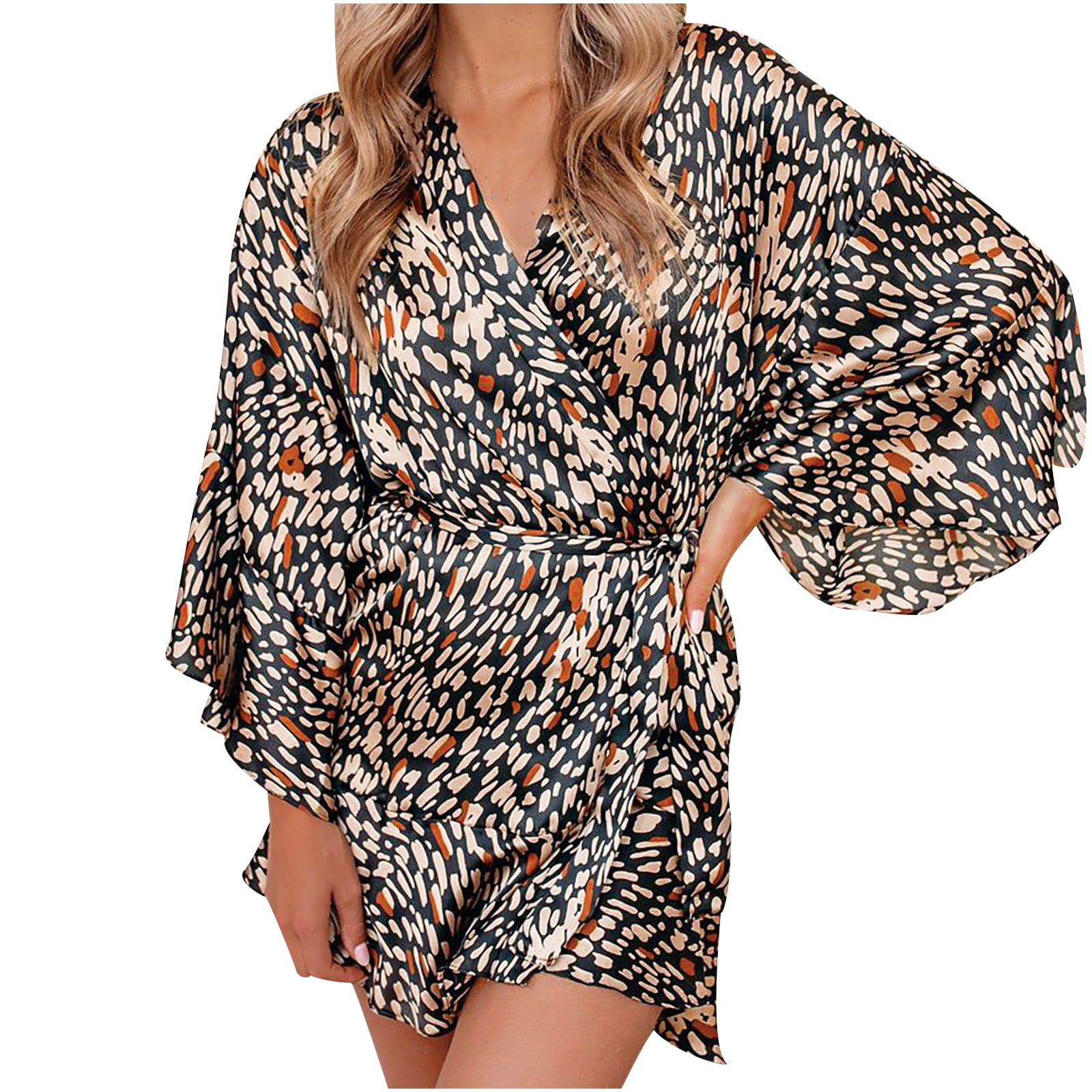 bibliotekar realistisk bronze Womans Fall Summer Silk Satin Kimono Cardigan Leopard Print Sleepshirt for  Women F5 - Walmart.com