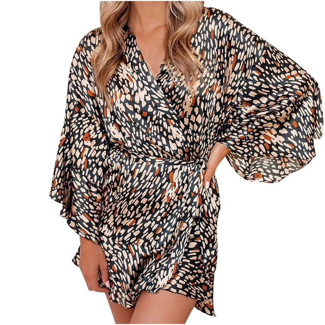 Robe Kimono pour Femmes, Couverture Imprimée Léopard, Vêtement de Nuit en Satin Soyeux