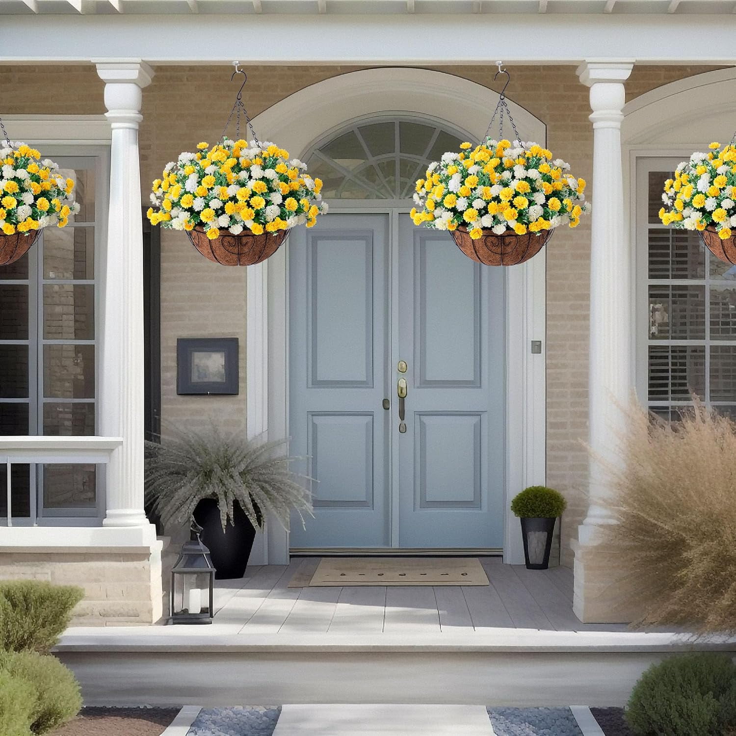 Artificial Hanging Flowers in Basket, Fake Silk Hanging Planter, Faux Colorful Daisy Vines Arrangement with Coconut Lining Baskets Outdoors Indoors Courtyard Spring Decor(Darkorchid)