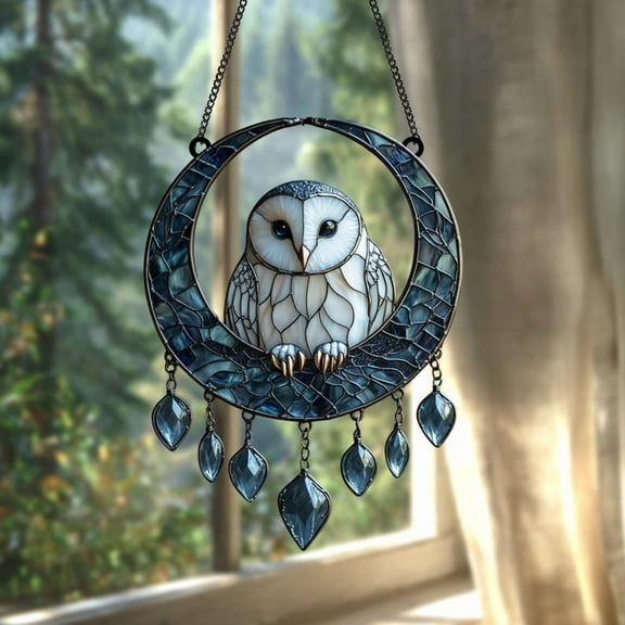 Moonlit Owl Faux Stained Glass Suncatcher – Acrylic Window Hanging With Blue Crystals, White Owl On Crescent Moon Nature And Boho Decor