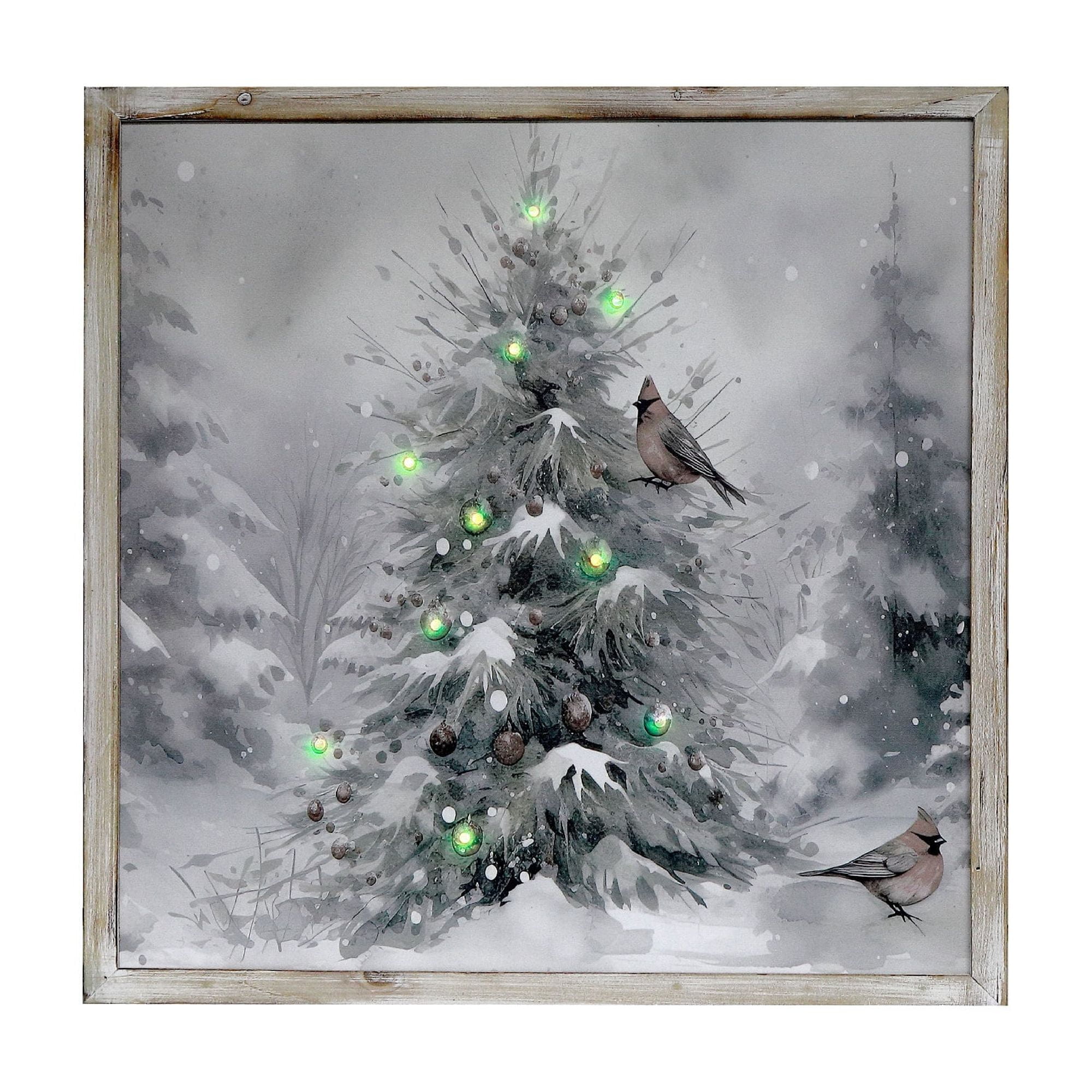 Led Framed Wall Art (Snow Pine Tree With Birds)