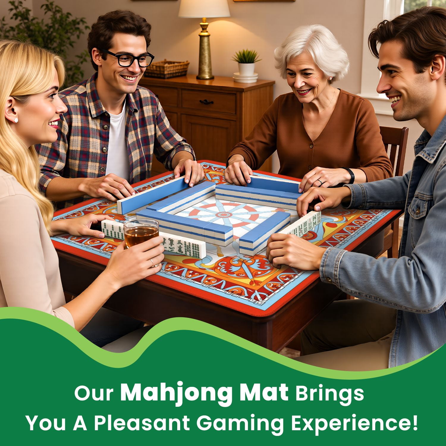 Mahjong Mat 31.5" x 31.5" Elegant Ornate Swirls Flourishes Red Blue Yellow Non-Slip Noise Reduction American Mahjong Tiles Table Cover for Dominoes Poker Card Board Games Gift