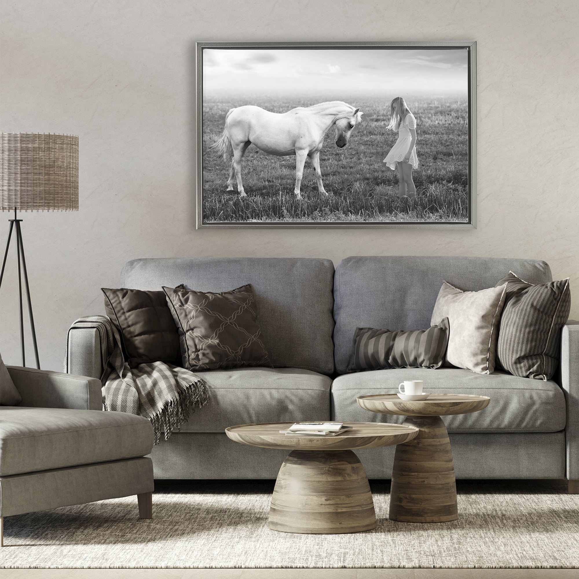 Her White Horse Gray Framed Floater Canvas Wall Art, design by Ata Alishahi