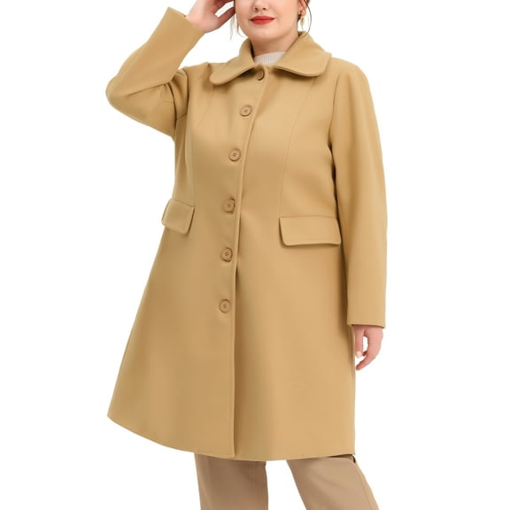 Agnes Orinda Women's Plus Size Coats Peter Pan Collar Single Breasted With Pockets Trench Winter Long Peacoat 1X Khaki