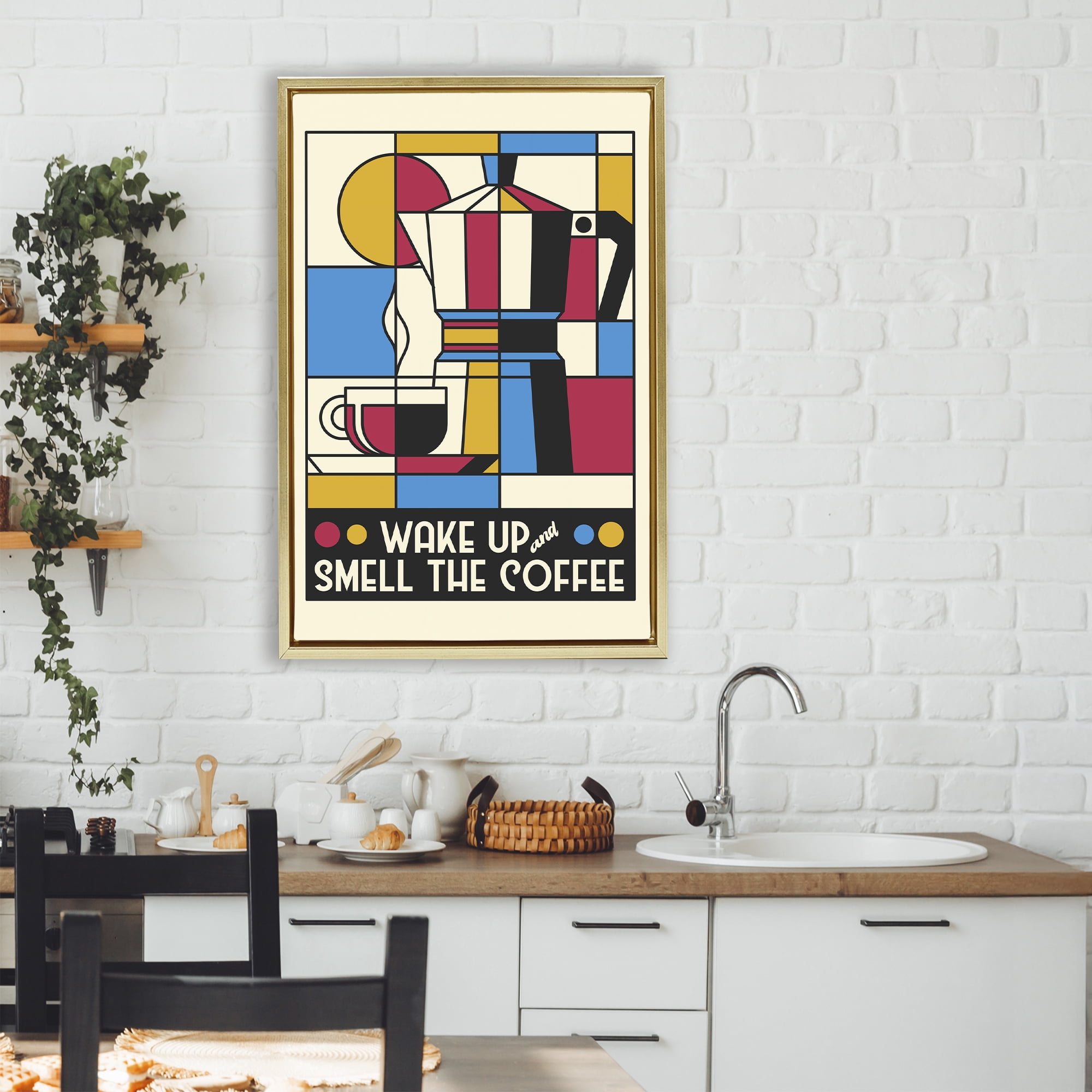 Stupell Industries Retro Wake Up & Smell Coffee Gold Framed Floater Canvas Wall Art, design by Tobe Fonseca