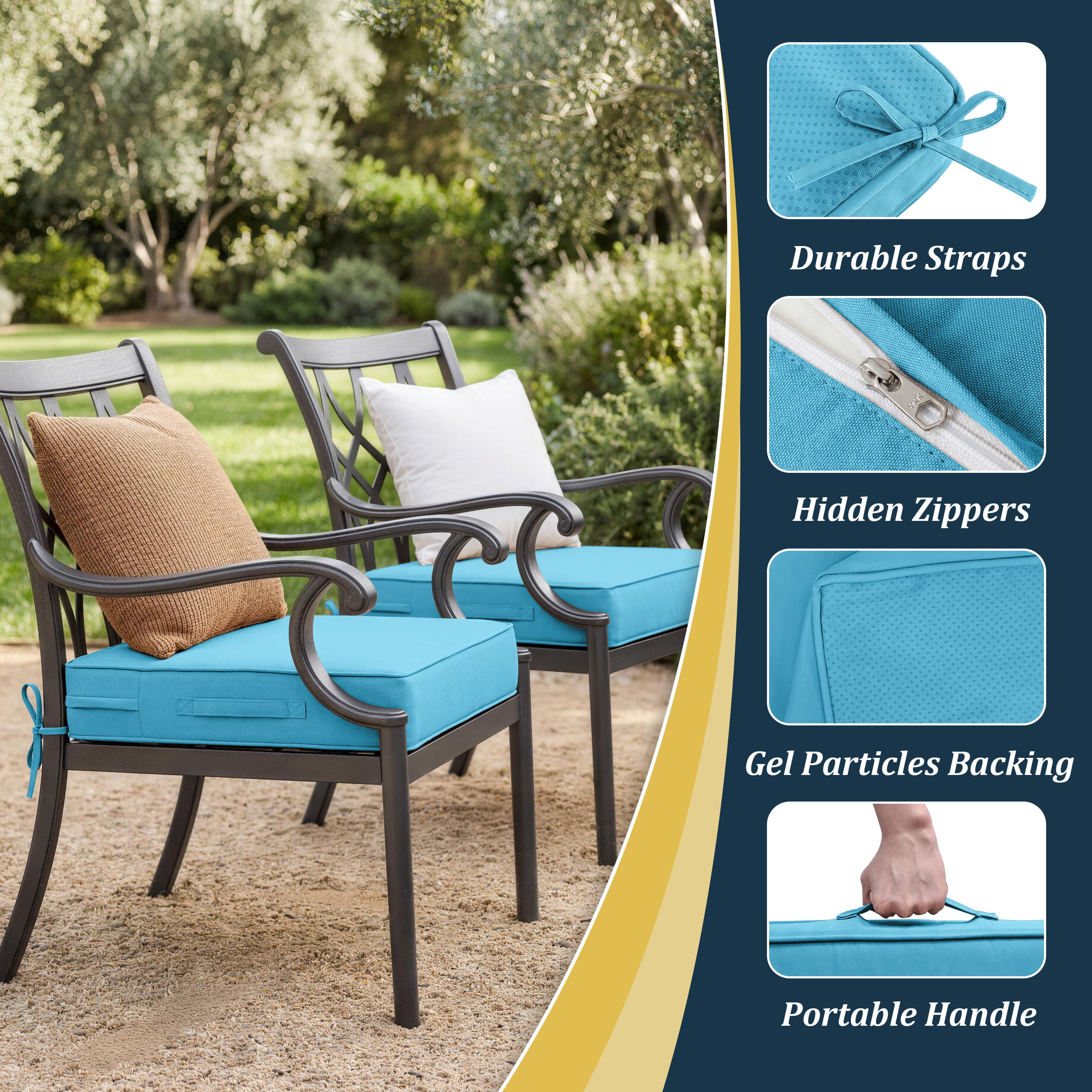 Kimunuk 2Pcs Outdoor Chair Cushions Slipcovers, 24" x 24" Replacement Waterproof Non-Slip Patio Seat Cushion Covers with Handle,Lake Blue