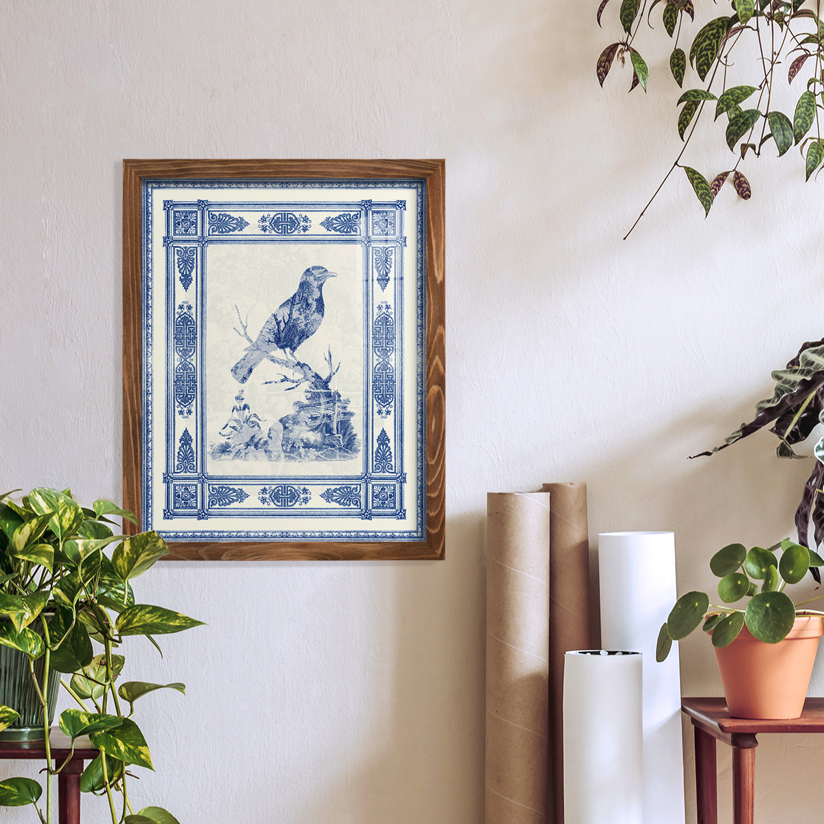 Toile de Jouy I -Framed Print w/glass-Walnut