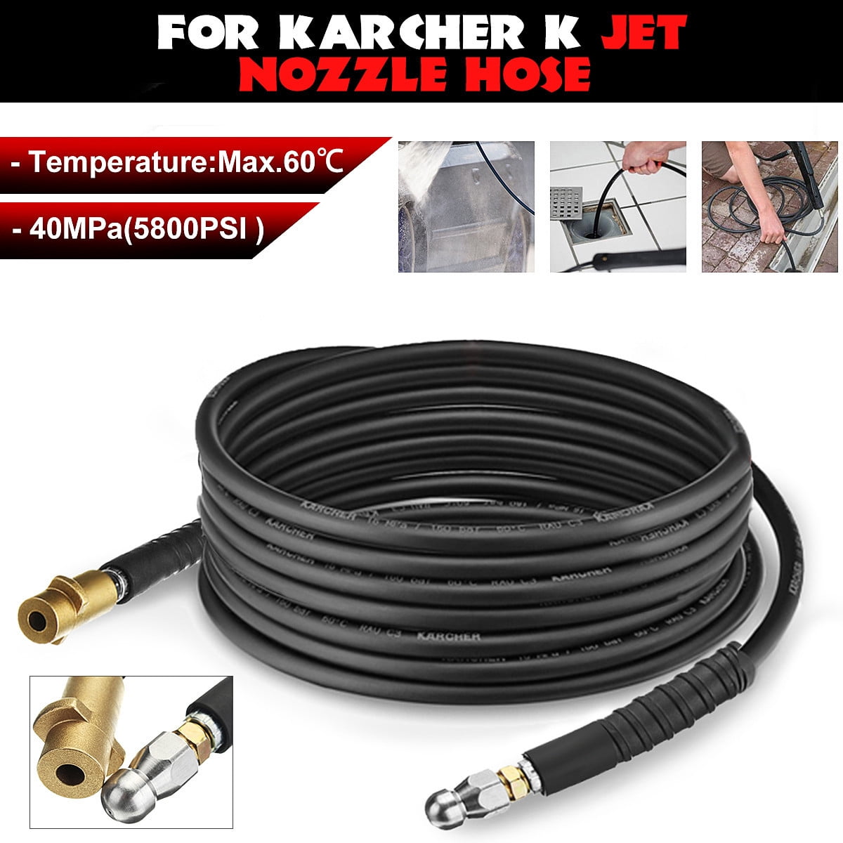 26Ft 5800PSI Pressure Washer Drain Cleaning Hose + Jet Nozzle For