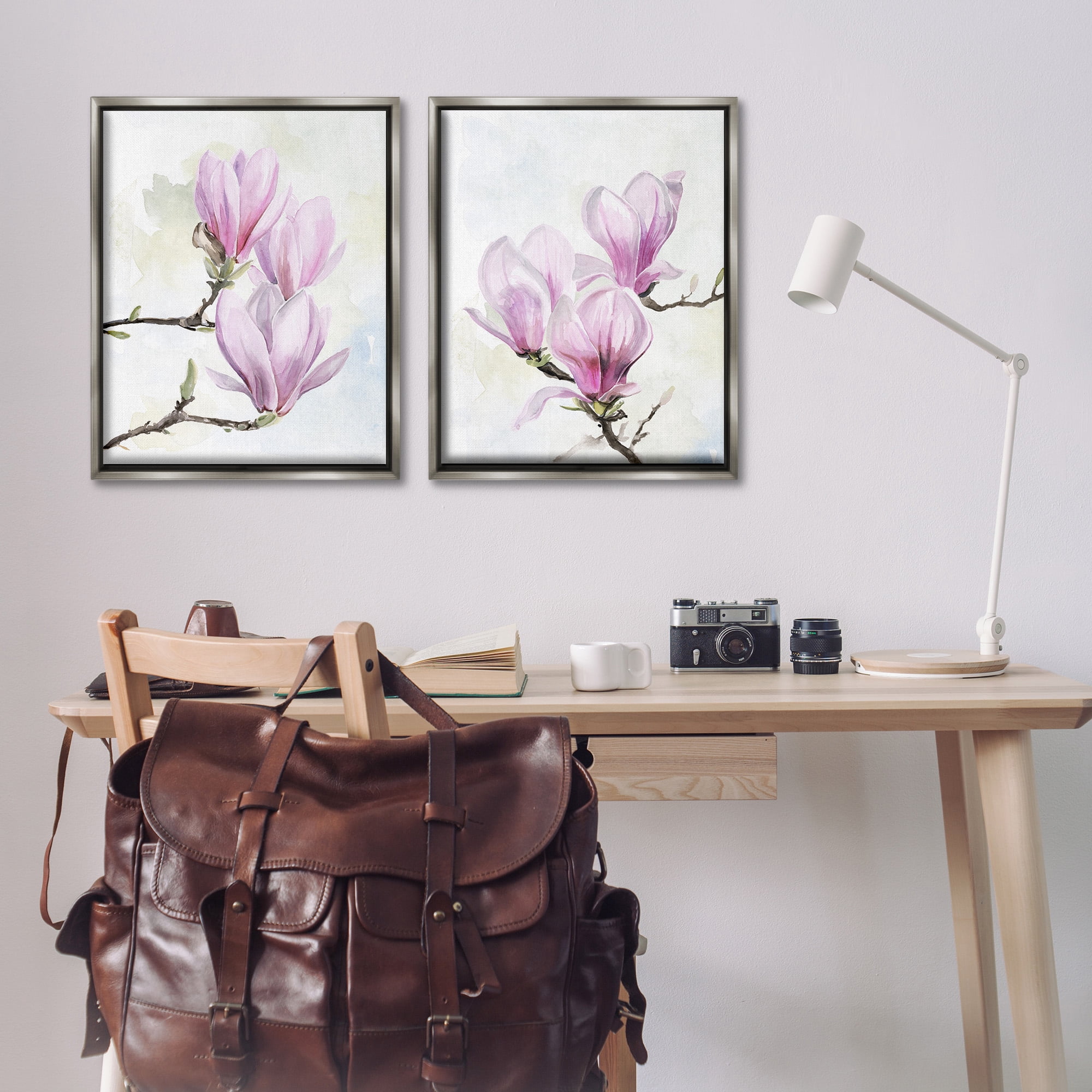 Stupell Industries Pink Magnolia Flower Blossoms Botanical & Floral Painting Gray Floater Framed Canvas Art Print Wall Art, 25 x 31, Set of 2