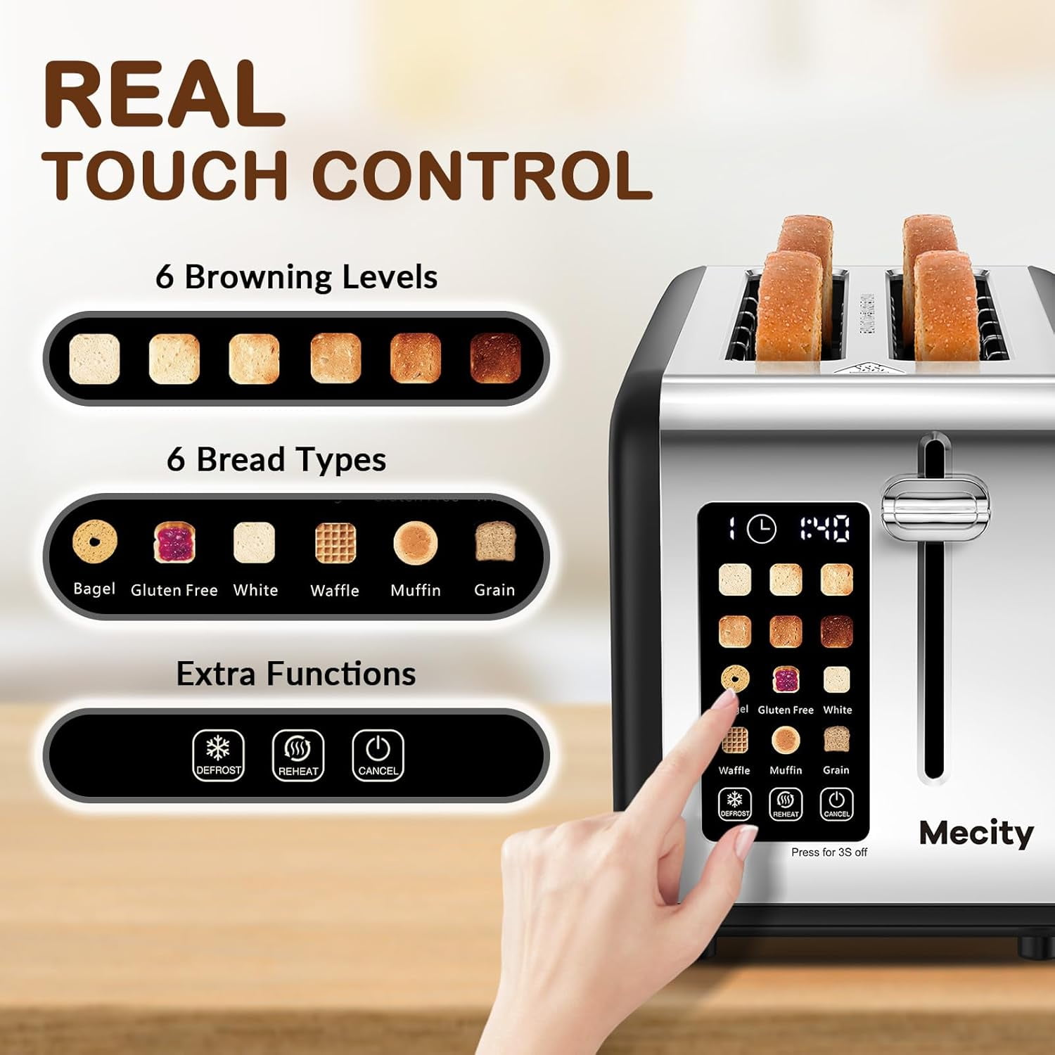 4 Slice Toaster with Touchscreen Long Slot, Stainless Steel Smart Bread Toaster for Bagel Muffin Waffle Gluten Free Breads, Timer, Defrost, Reheat, 120V 1400W