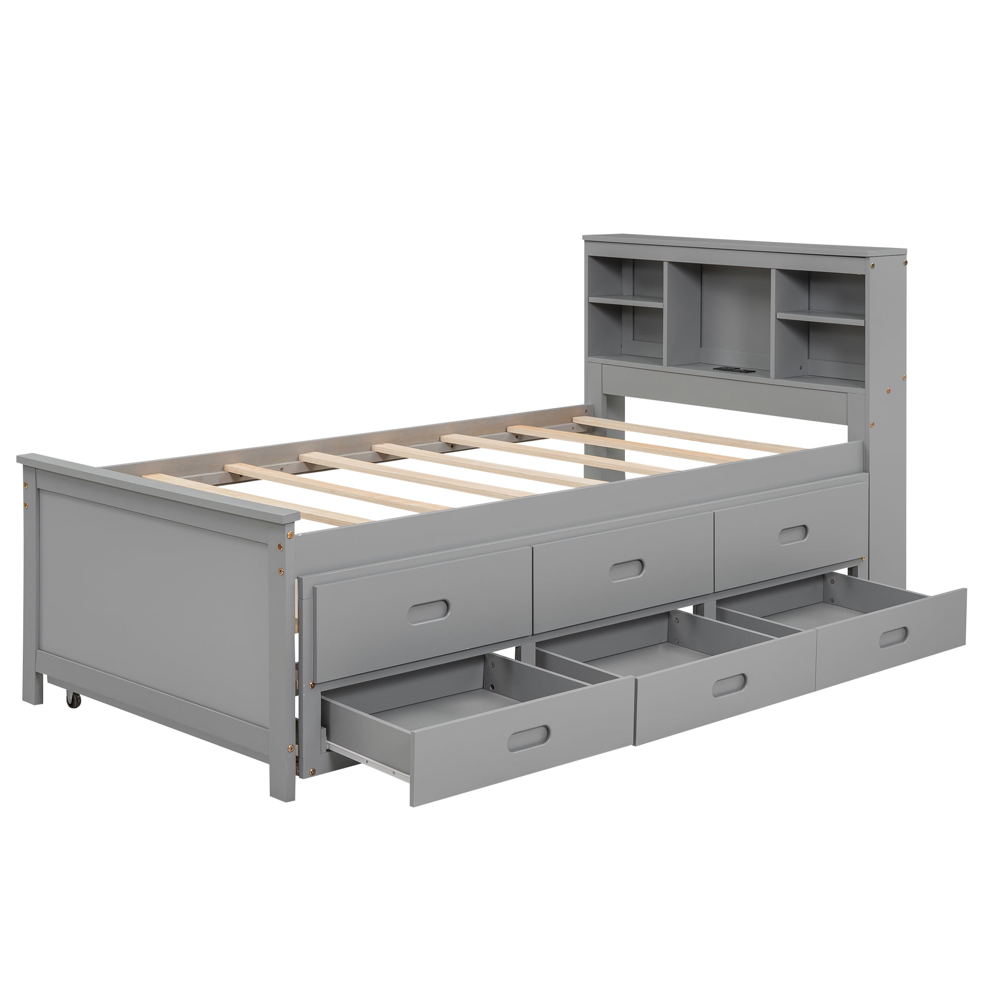 Euroco Wood Twin Size Platform Bed with Storage Trundle Bed and Drawers, USB Charging and Shleves, Gray