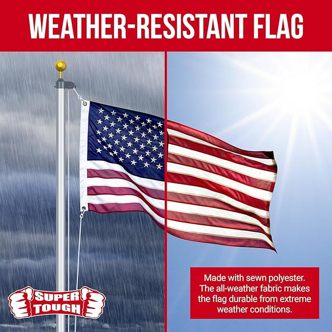 Super Tough 4Ft x 6Ft American Flag - Heavy Duty Polyester USA Flag with Embroidered Stars and Sewn Stripes Suitable for All Weather - Red/White/Blue