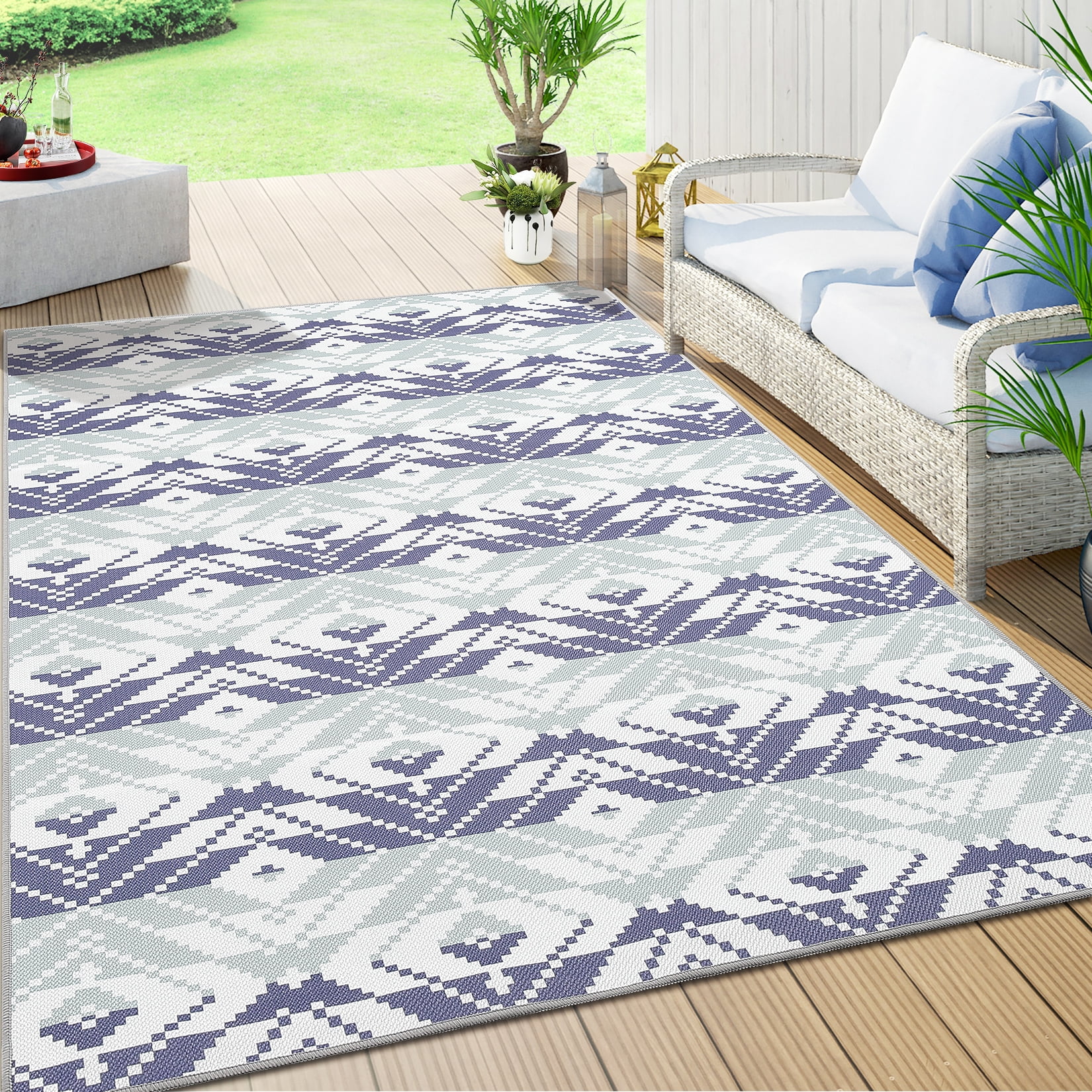 Senfot 5x8 Indoor Outdoor Area Rug Waterproof Modern Print Pattern Non-Slip Floor Carpet Stain Resistant for Patio Backyard Living Room Blue White