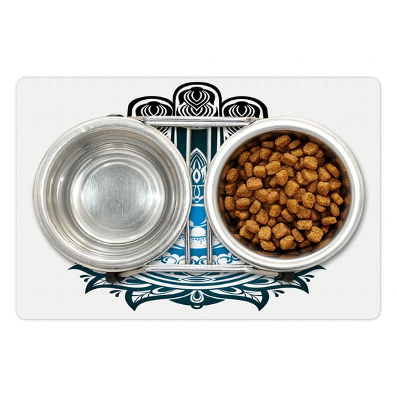 Hamsa Pet Mat for Food and Water, Evil Eye Inside the Esoteric Protection, Non-Slip Rubber Mat for Dogs and Cats, 18" X 12", by Ambesonne