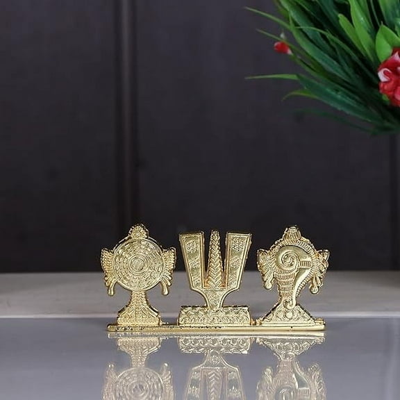 Swadeshi Desire Tirupati Balaji Symbol Stand Shankh Chakra Namah Gold Plating Antique Decorative for Car Dashboard Home & Office Table Showpiece Figurines,Religious Gift Idol…