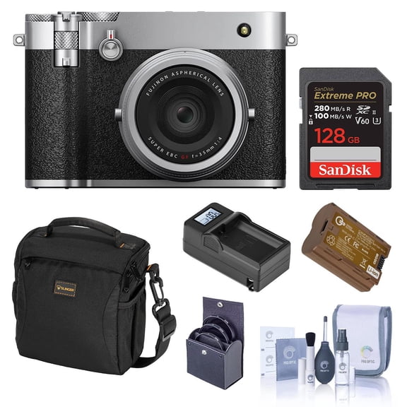 Fujifilm GFX100RF Digital Camera, Silver, Bundle with 128GB Memory Card, Shoulder Bag, Extra Battery, Smart Charger Base and Plate, 49mm Filter Kit