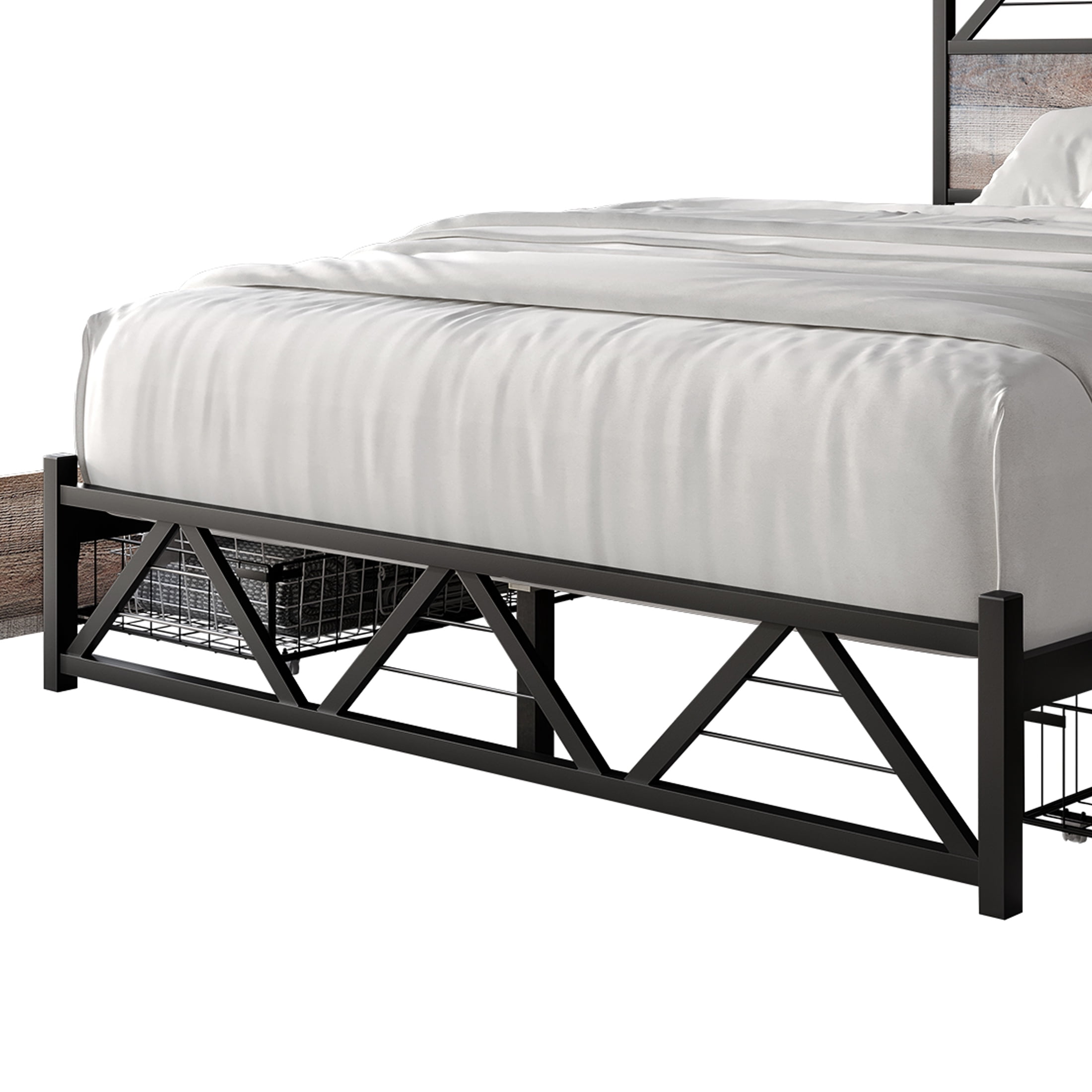 Castle Place Vintage Queen Metal Platform Bed with 4 Storage Drawers, Natural Oak