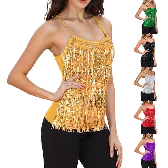 Laqbezok Women's Sequin Fringe Tank Top, Sparkly Tassel Camisole, Sexy Dance Rave Outfit