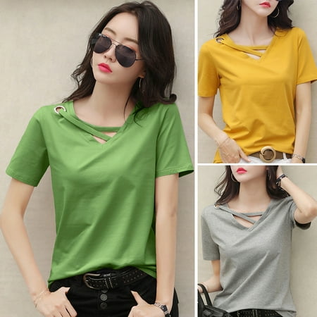

Taluosi Women Solid Color V Neck Short Sleeve Loose T-shirt Summer Casual Blouse Tee Top