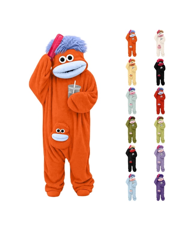 Family Matching Monster Onesie Ugly Frog Silly Funny Cozy Fleece Cute Frog Pajamas Outfit Fleece Hooded Light Purple Halloween Soft Plush One Piece Jumpsuit for Couple for Sleep & Party