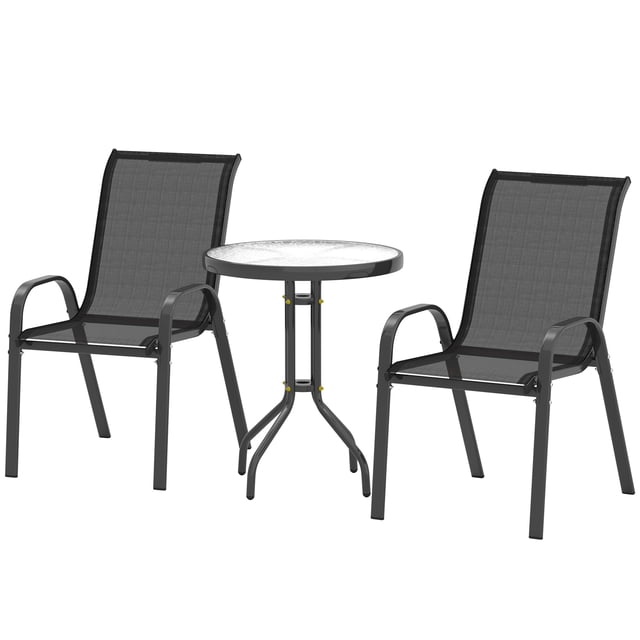 CoSoTower 3 Pieces Bistro Set, Small Patio Furniture Set with Stackable Mesh Chairs, Glass Table for Garden, Balcony, Black
