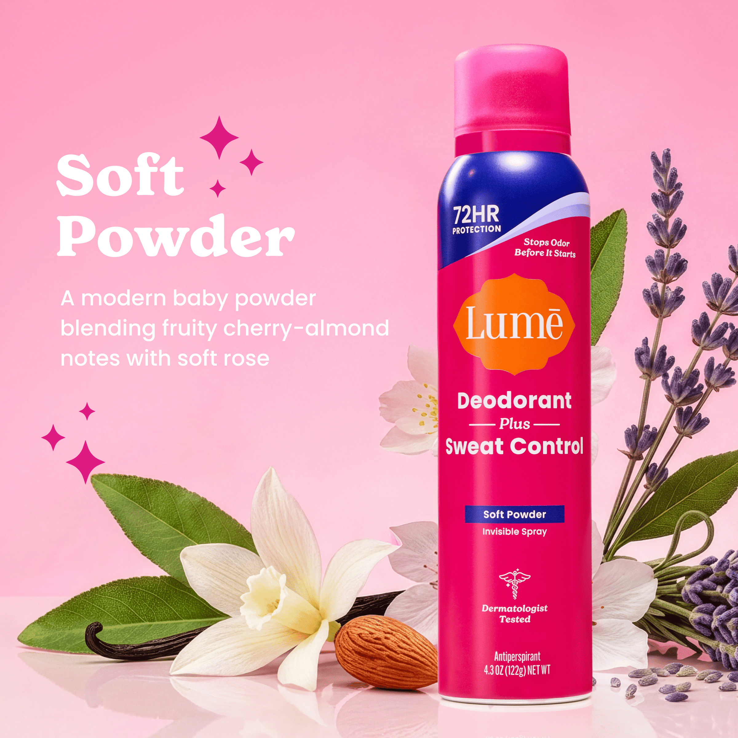 Lume Deodorant Plus Sweat Control Antiperspirant Deodorant Spray, Soft Powder, 4.3 oz