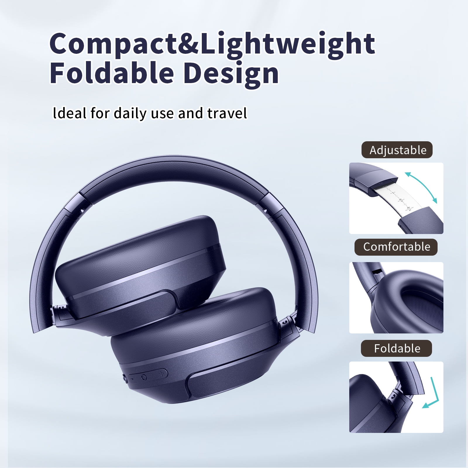 KVIDIO Active Noise Cancelling Headphones with Microphone, Deep Bass, 70H Running Time - Blue