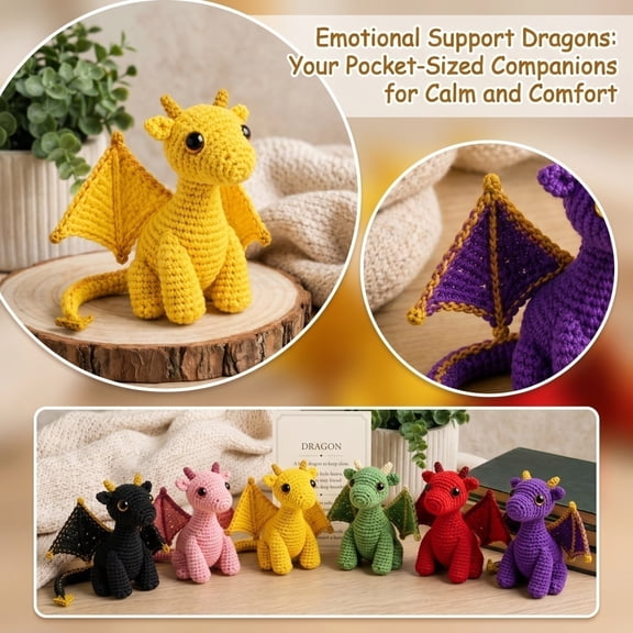 Dragon Stuffed Animal, Crochet Stuffed Animal, Amigurumi Dragon, Mythical Creature Plush, 6X3 Inch Purple Gold-Accented Handcrafted Set with 1 Matching Informational Card for Home