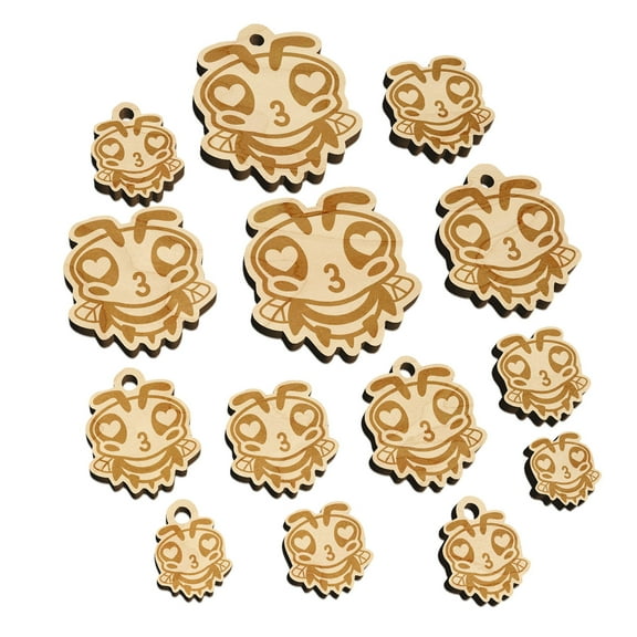 Cute Bee Love Heart Kiss Wood Mini Charms Shapes DIY Craft Jewelry - With Hole - Various Sizes (16pcs)
